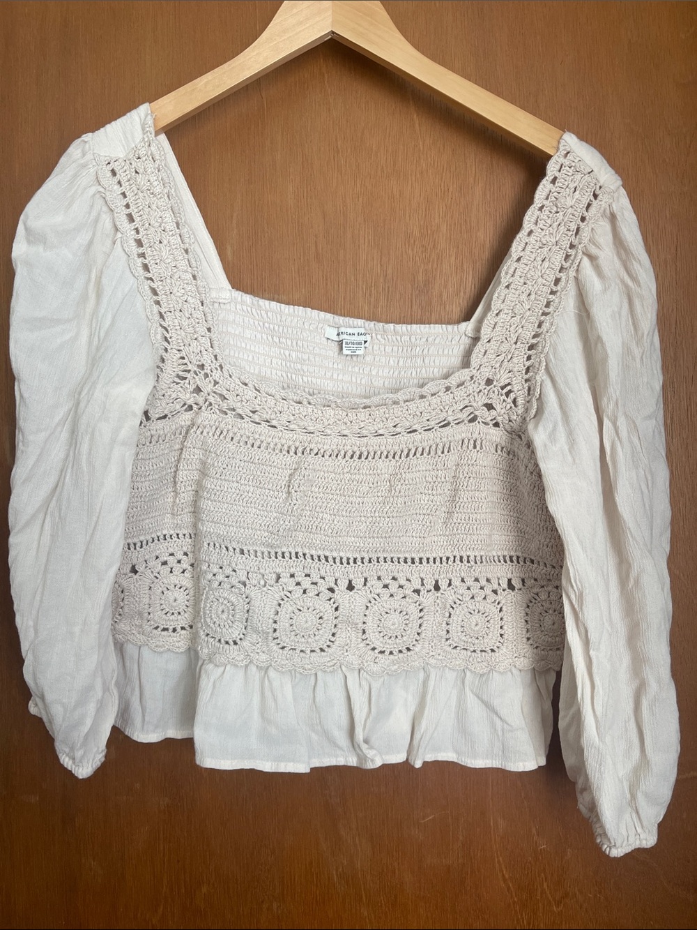 American Eagle Outfitters Cream Crochet Crop Top with Puff Sleeves